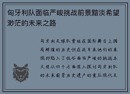 匈牙利队面临严峻挑战前景黯淡希望渺茫的未来之路