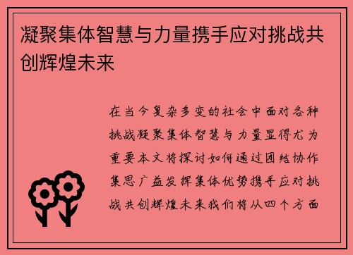 凝聚集体智慧与力量携手应对挑战共创辉煌未来
