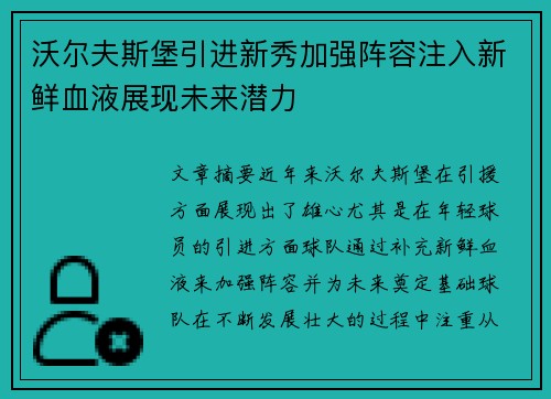 沃尔夫斯堡引进新秀加强阵容注入新鲜血液展现未来潜力