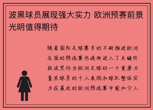 波黑球员展现强大实力 欧洲预赛前景光明值得期待